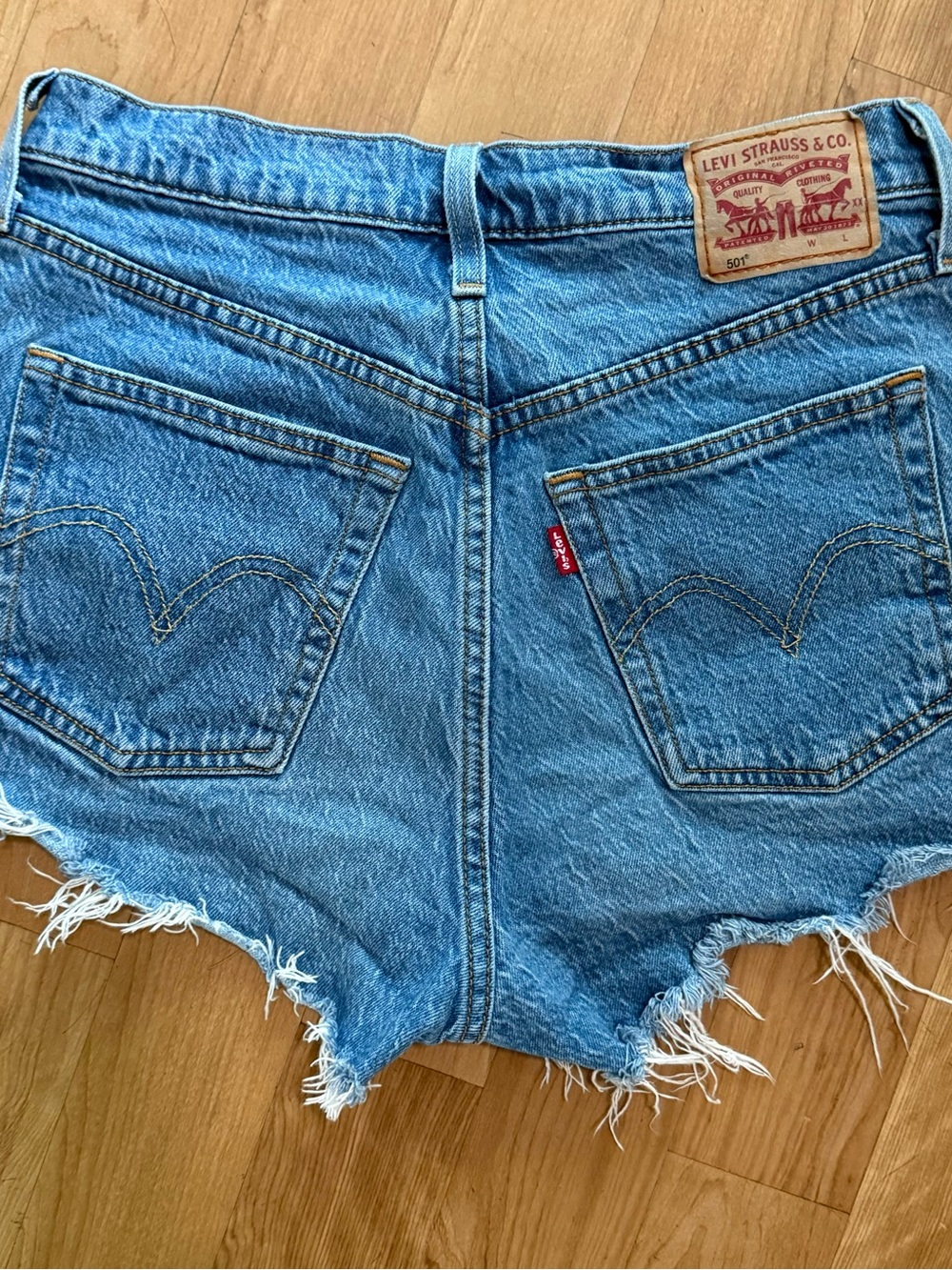 Levi’s 501 Classic Blue Distressed Denim Cutoff Shorts - Picture 2 of 3